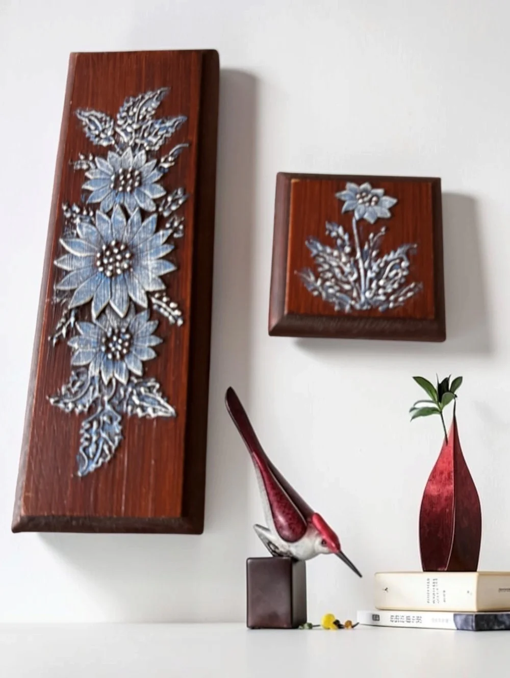 Vintage Beth Ritter Bas-Relief Floral Wall Art Set of 2 Wood Silver Flowers